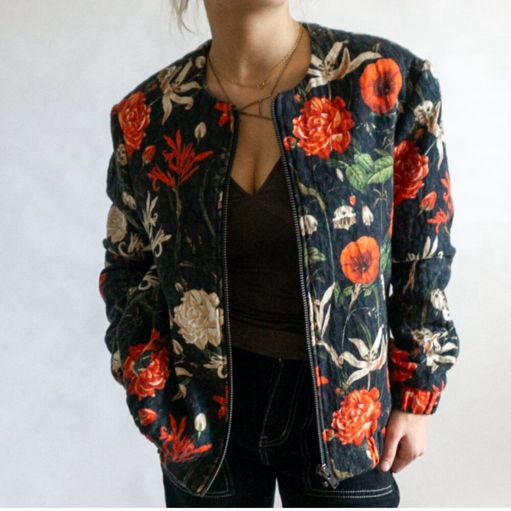 Mango Women’s Floral Quilted Bomber Jacket - Black and Red Size 2